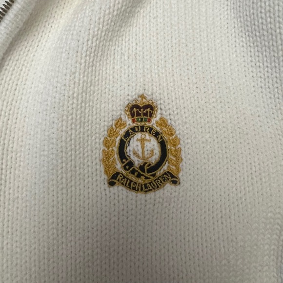 Lauren Ralph Lauren Womens White knit Zip Up Sweater Crest Logo Collar Size M - Picture 3 of 6